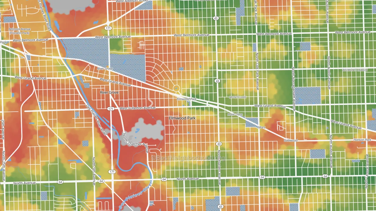 Walk Grade map of Ellsworth, Elmwood Park, IL, walkable areas in green and car-dependent areas in red