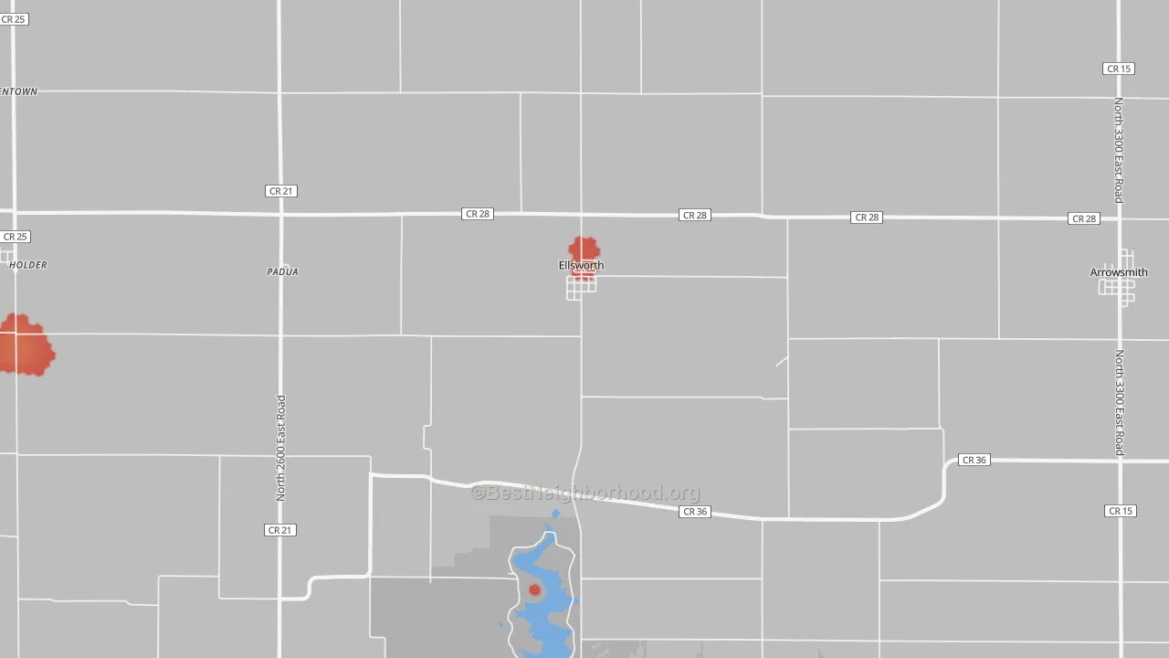 Walk Grade map of Ellsworth, IL, walkable areas in green and car-dependent areas in red