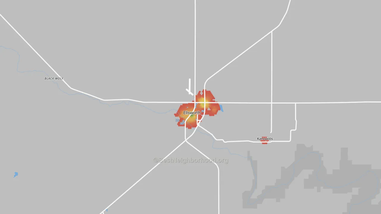 Walk Grade map of Ellsworth, KS, walkable areas in green and car-dependent areas in red