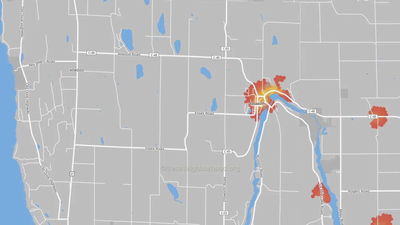 Walk Grade map of Ellsworth, MI, walkable areas in green and car-dependent areas in red