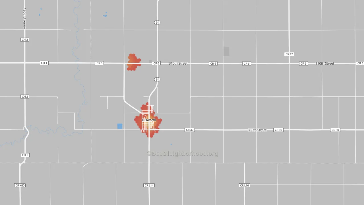 Walk Grade map of Ellsworth, MN, walkable areas in green and car-dependent areas in red