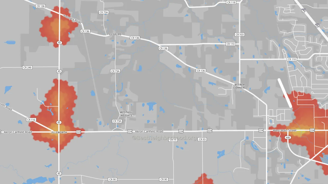 Walk Grade map of Ellsworth, OH, walkable areas in green and car-dependent areas in red