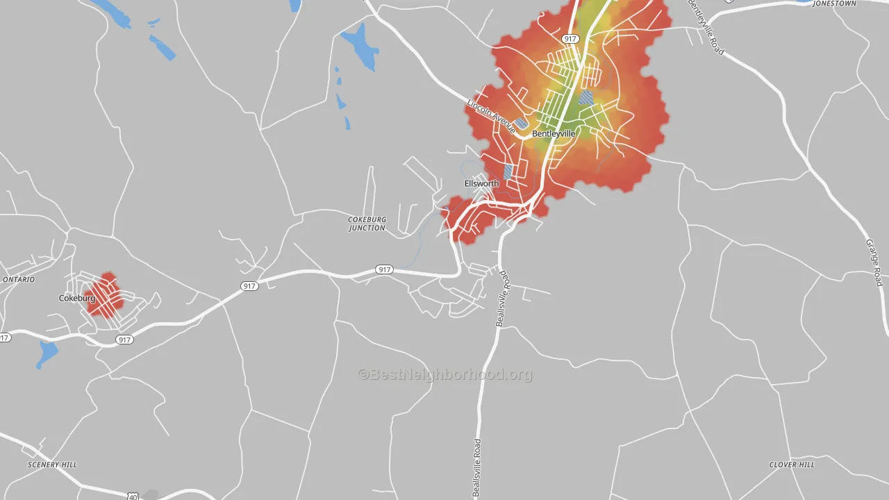 Walk Grade map of Ellsworth, PA, walkable areas in green and car-dependent areas in red