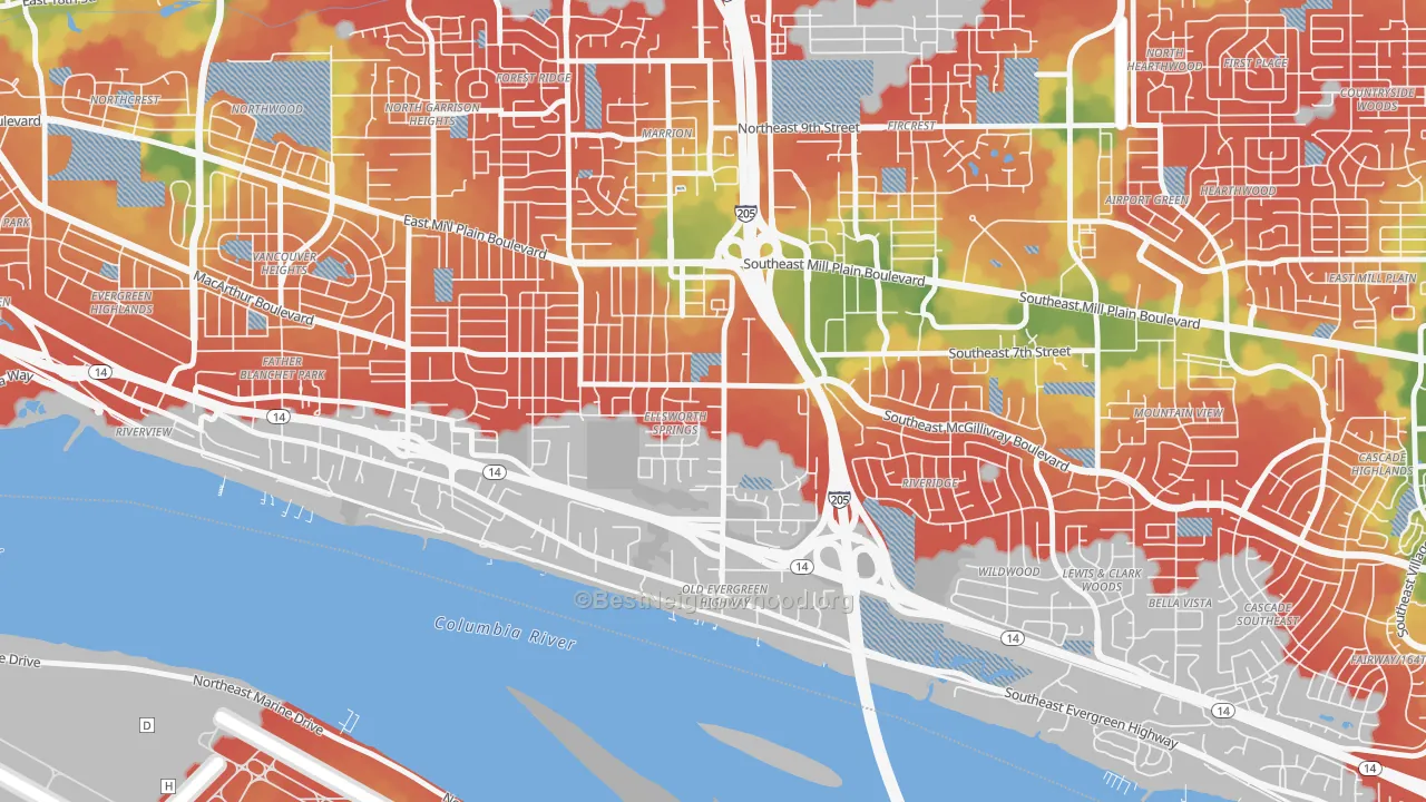 Walk Grade map of Ellsworth Springs, Vancouver, WA, walkable areas in green and car-dependent areas in red