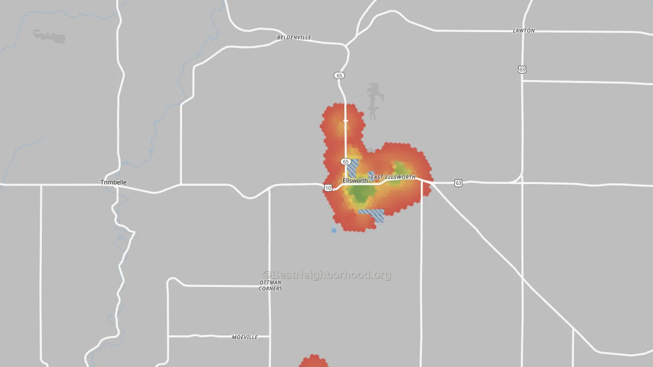 Walk Grade map of Ellsworth, WI, walkable areas in green and car-dependent areas in red