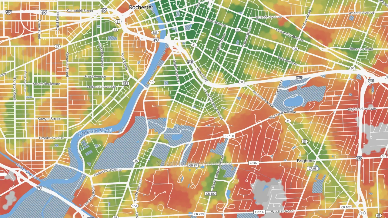 Walk Grade map of Ellwanger-Barry, Rochester, NY, walkable areas in green and car-dependent areas in red