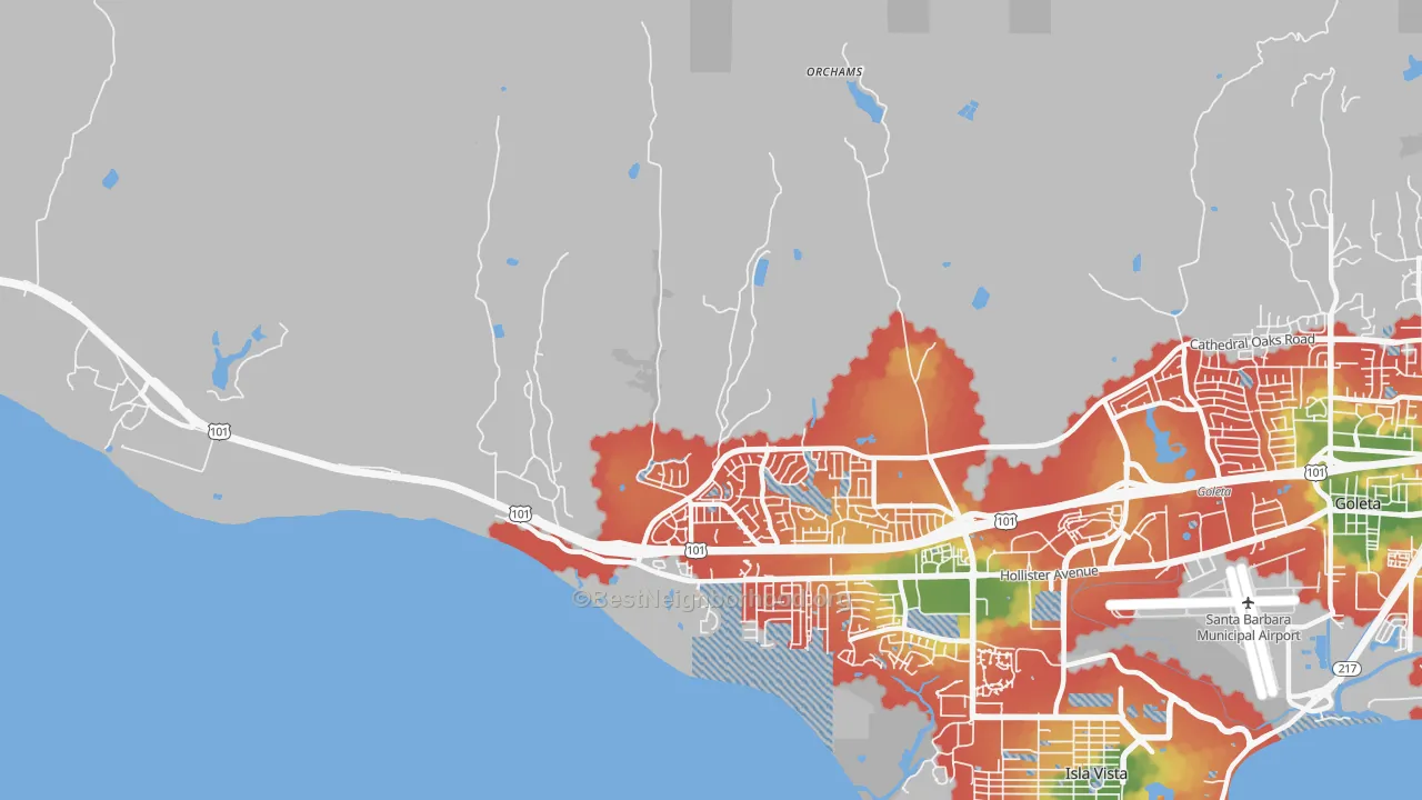 Walk Grade map of Ellwood, CA, walkable areas in green and car-dependent areas in red