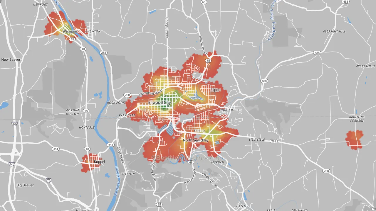 Walk Grade map of Ellwood City, PA, walkable areas in green and car-dependent areas in red