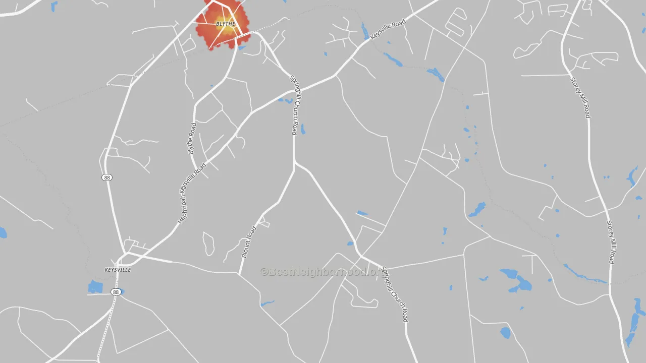 Walk Grade map of Ellwood, GA, walkable areas in green and car-dependent areas in red