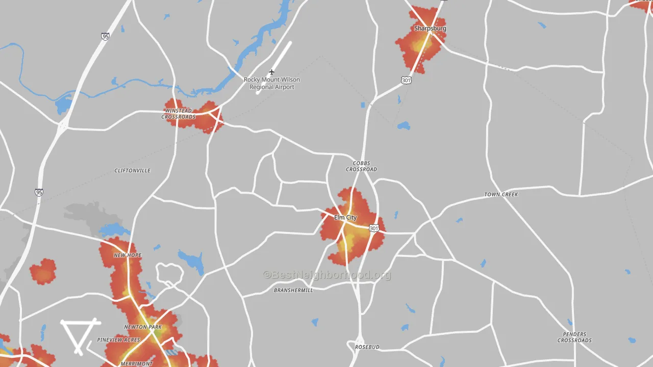 Walk Grade map of Elm City, NC, walkable areas in green and car-dependent areas in red