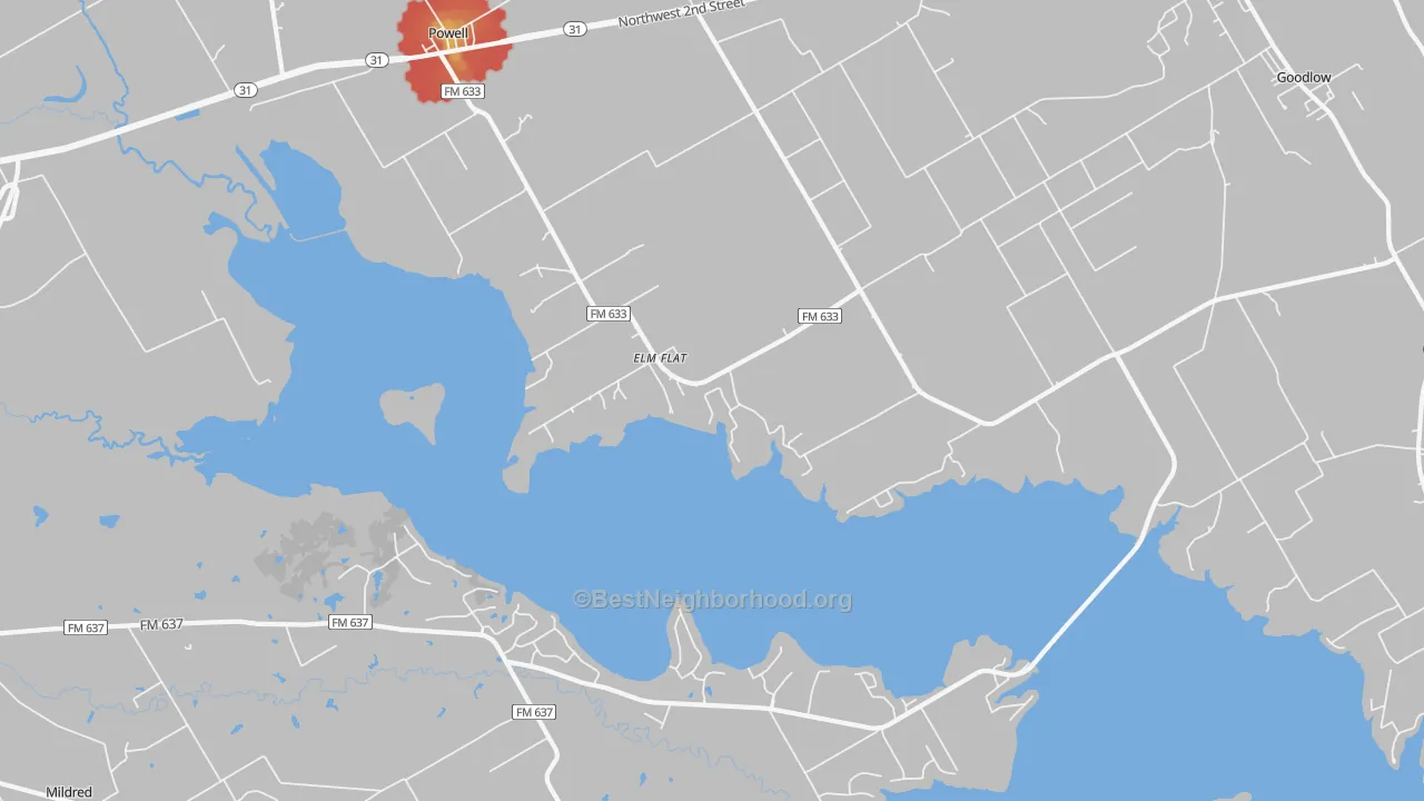 Walk Grade map of Elm Flat, TX, walkable areas in green and car-dependent areas in red