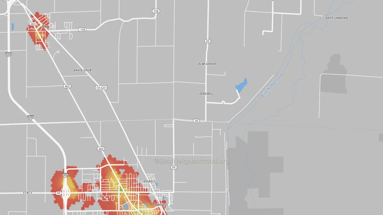Walk Grade map of Elm Grove, AR, walkable areas in green and car-dependent areas in red