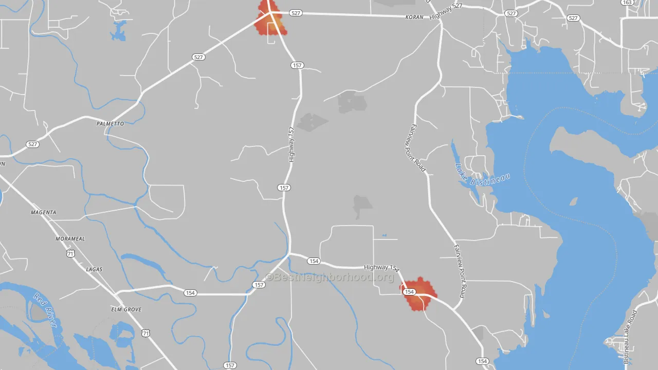 Walk Grade map of Elm Grove, LA, walkable areas in green and car-dependent areas in red