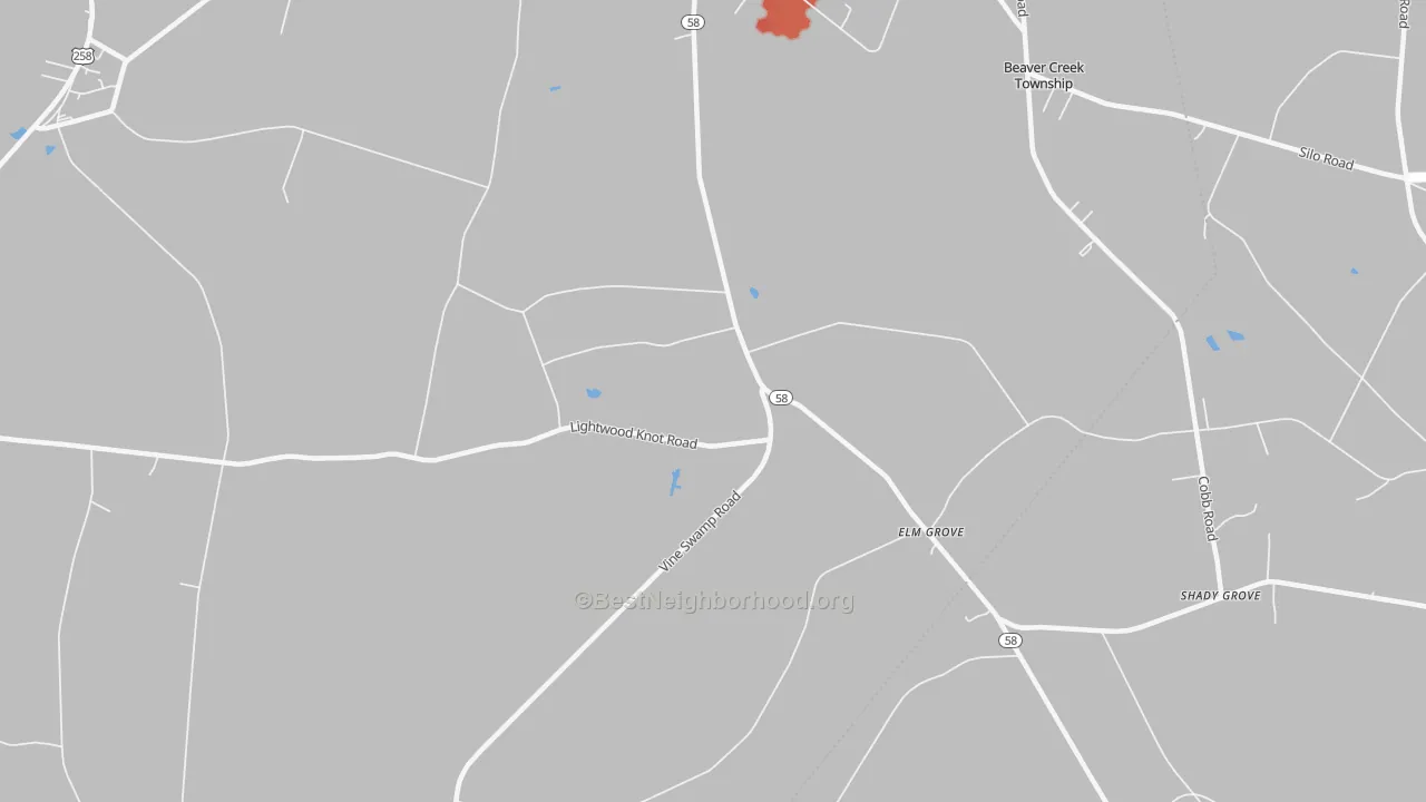 Walk Grade map of Elm Grove, NC, walkable areas in green and car-dependent areas in red