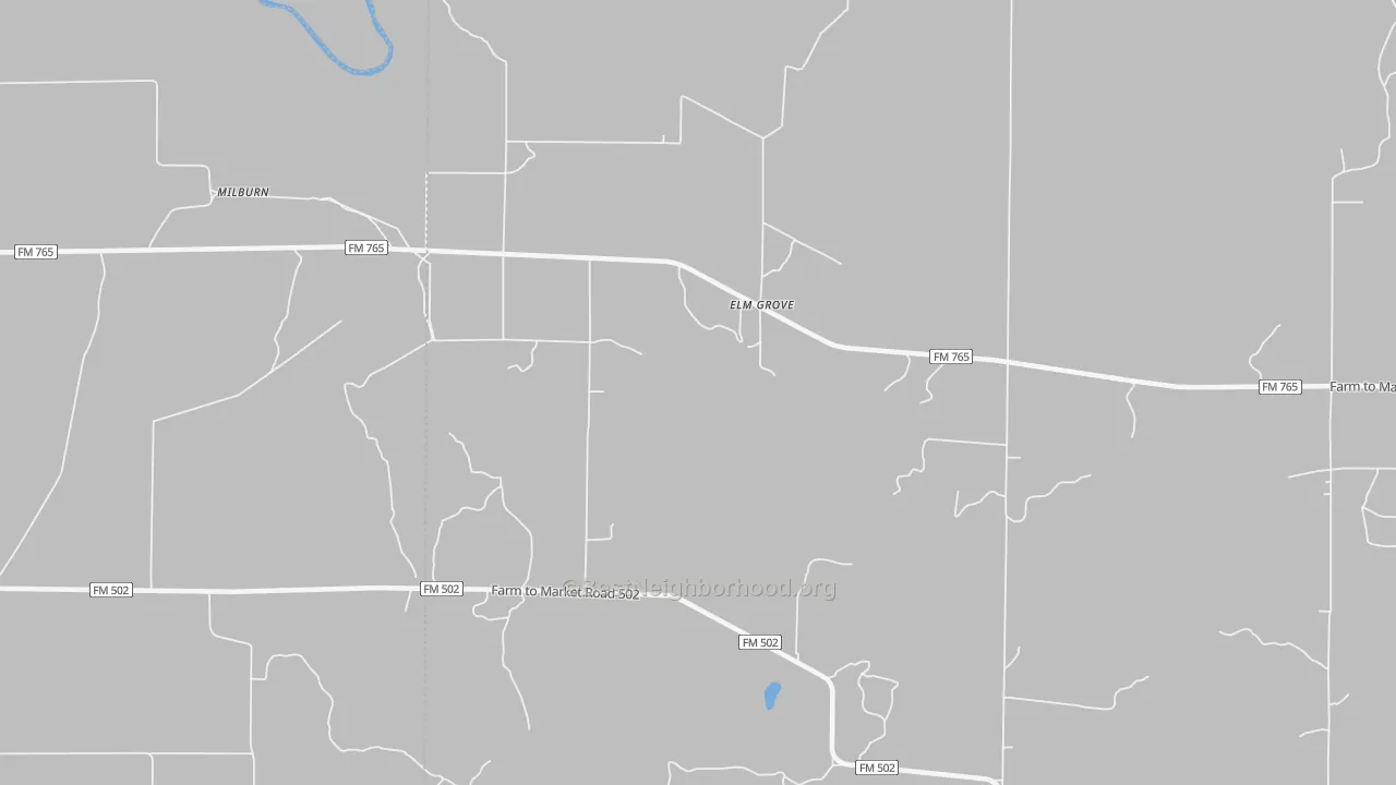 Walk Grade map of Elm Grove, TX, walkable areas in green and car-dependent areas in red