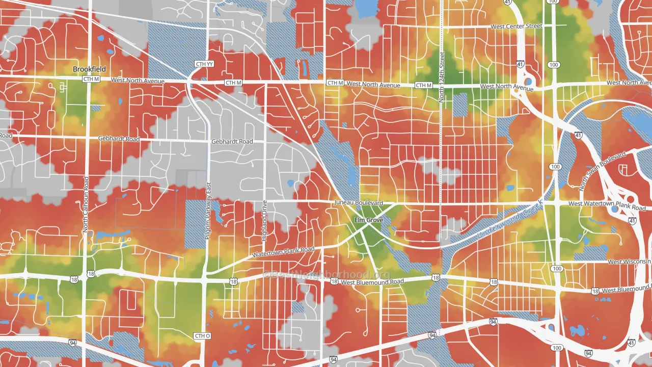 Walk Grade map of Elm Grove, WI, walkable areas in green and car-dependent areas in red
