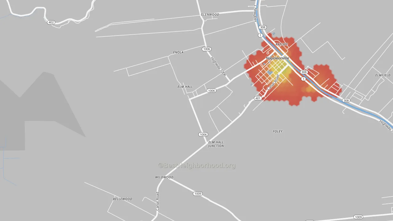 Walk Grade map of Elm Hall, LA, walkable areas in green and car-dependent areas in red