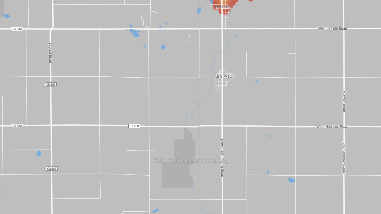 Walk Grade map of Elm Hall, MI, walkable areas in green and car-dependent areas in red