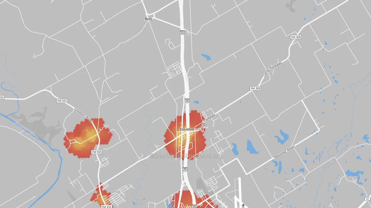 Walk Grade map of Elm Mott, TX, walkable areas in green and car-dependent areas in red
