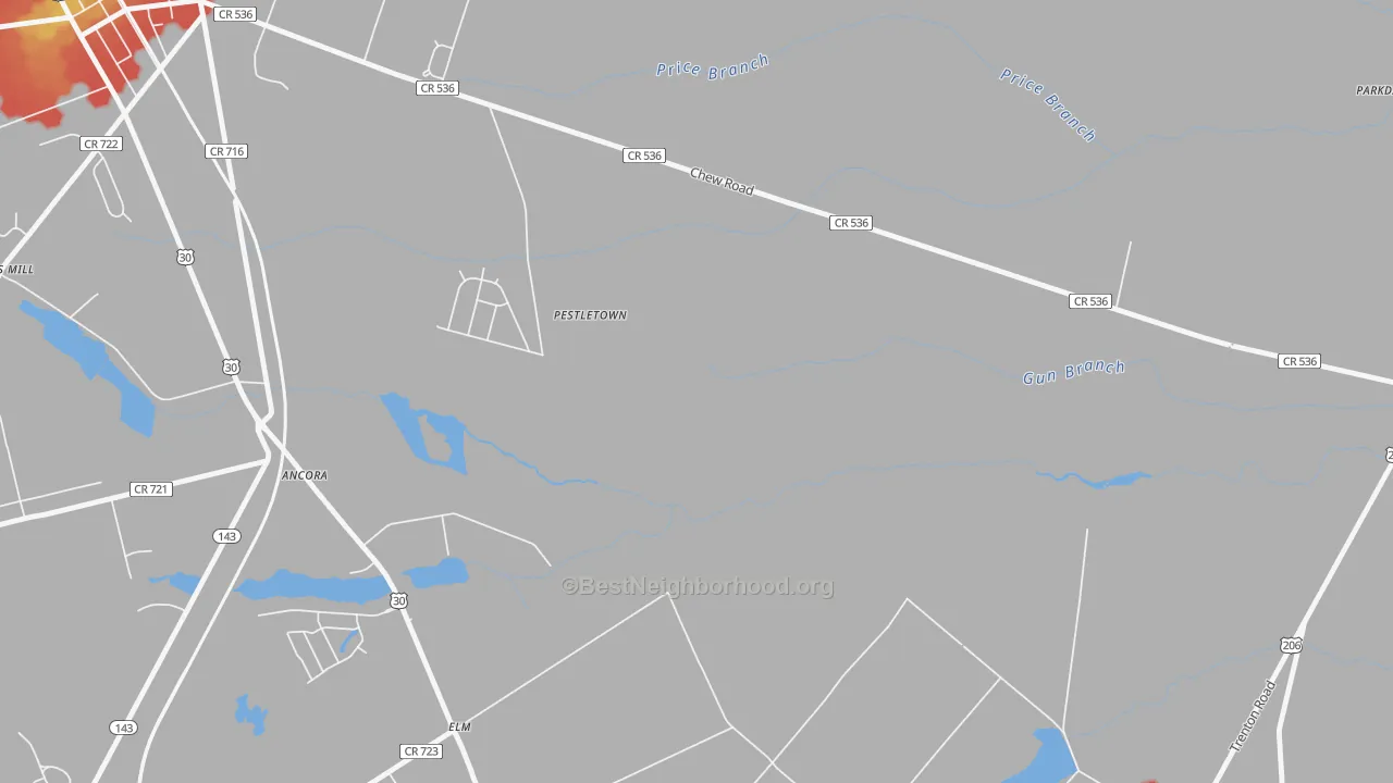 Walk Grade map of Elm, NJ, walkable areas in green and car-dependent areas in red