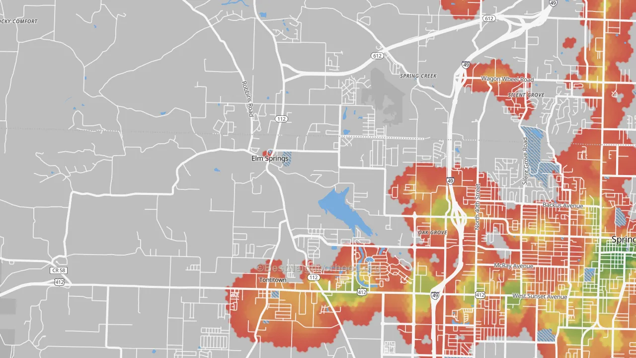 Walk Grade map of Elm Springs, AR, walkable areas in green and car-dependent areas in red