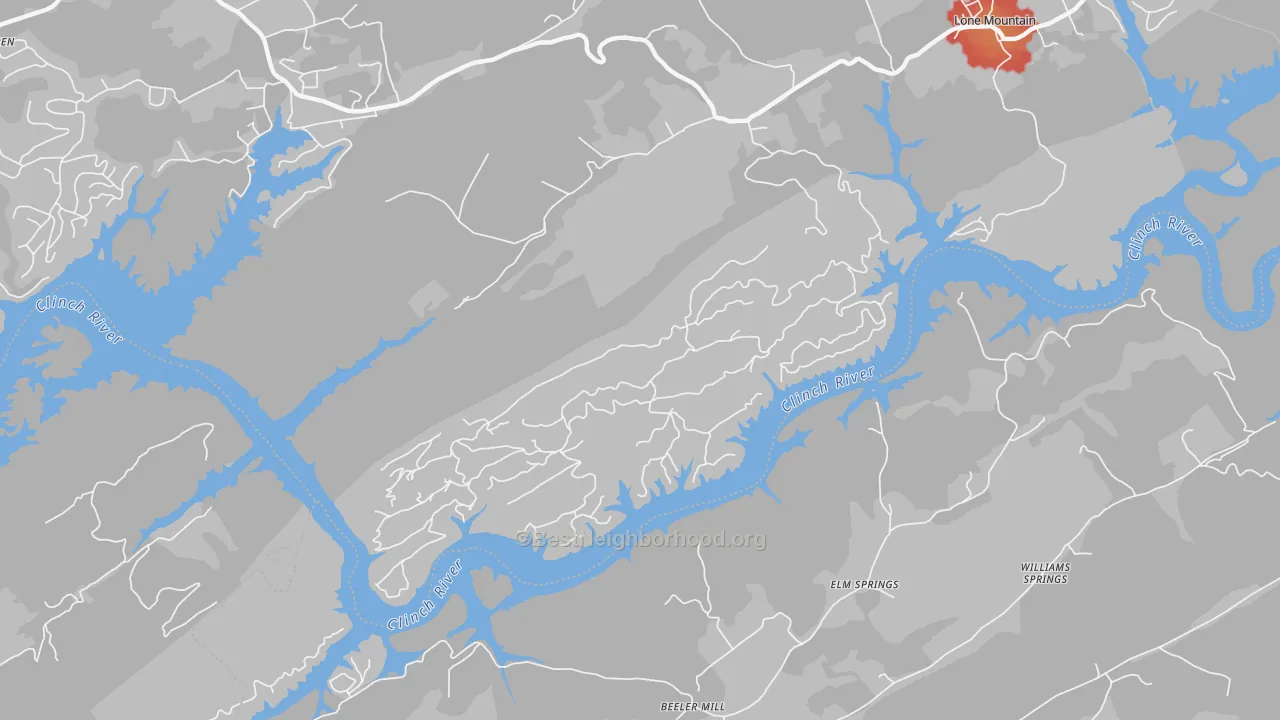 Walk Grade map of Elm Springs, TN, walkable areas in green and car-dependent areas in red