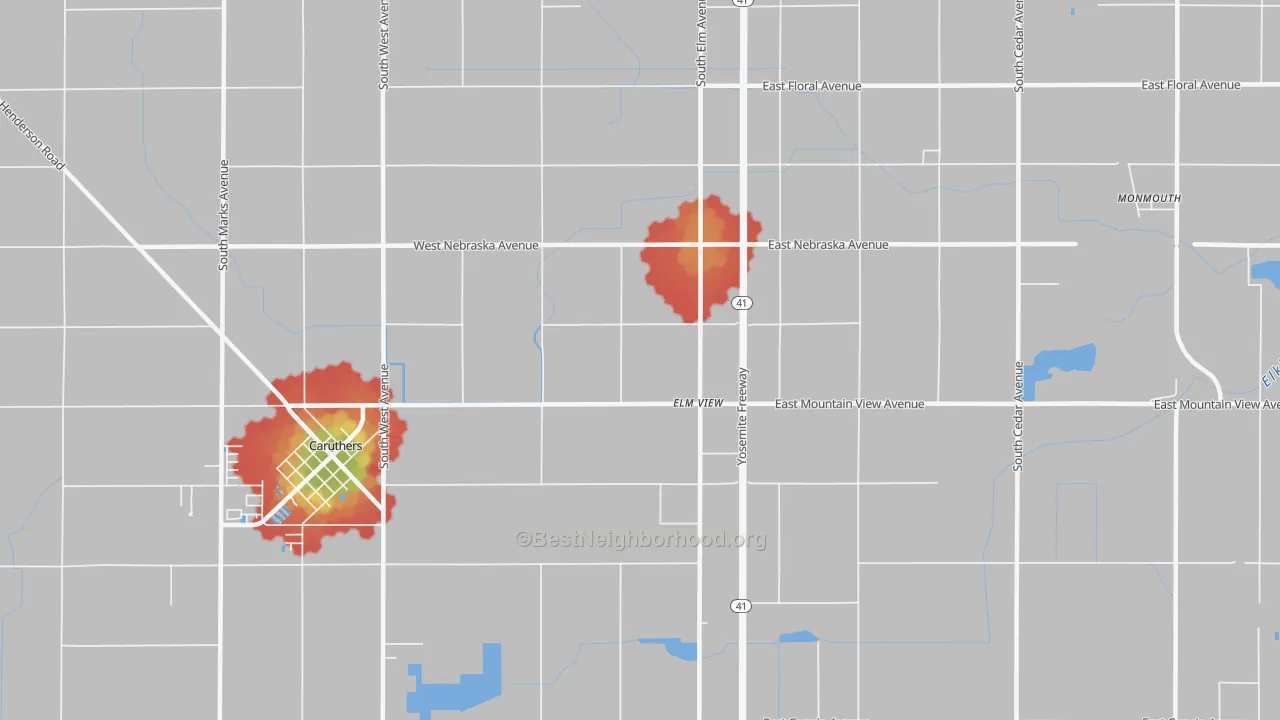 Walk Grade map of Elm View, CA, walkable areas in green and car-dependent areas in red