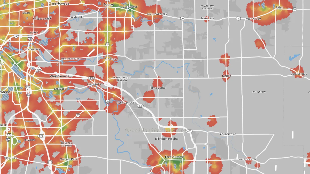 Walk Grade map of Elma, NY, walkable areas in green and car-dependent areas in red