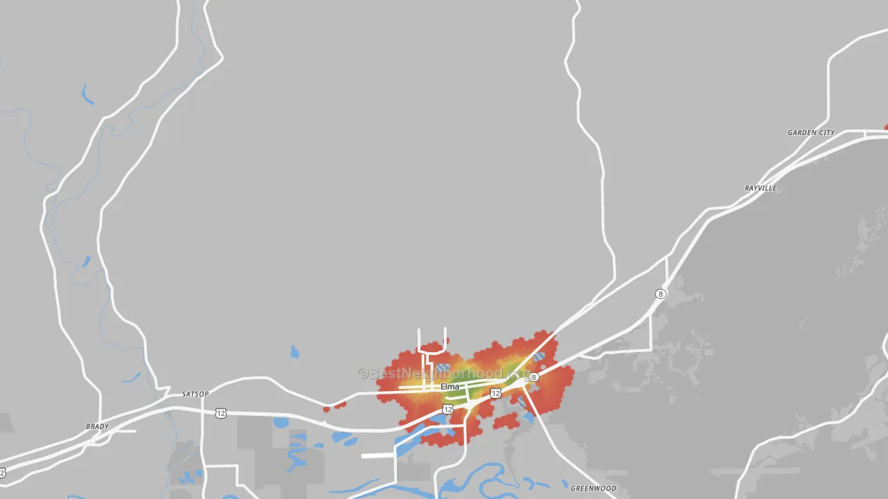 Walk Grade map of Elma, WA, walkable areas in green and car-dependent areas in red