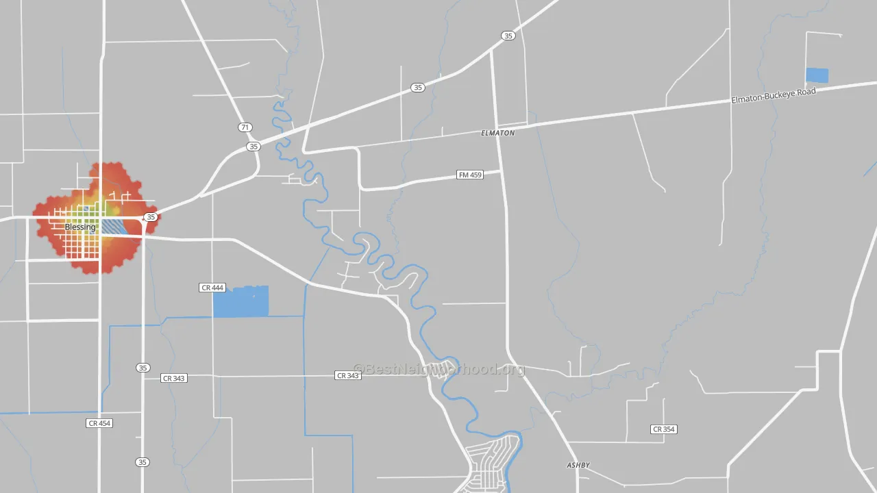 Walk Grade map of Elmaton, TX, walkable areas in green and car-dependent areas in red