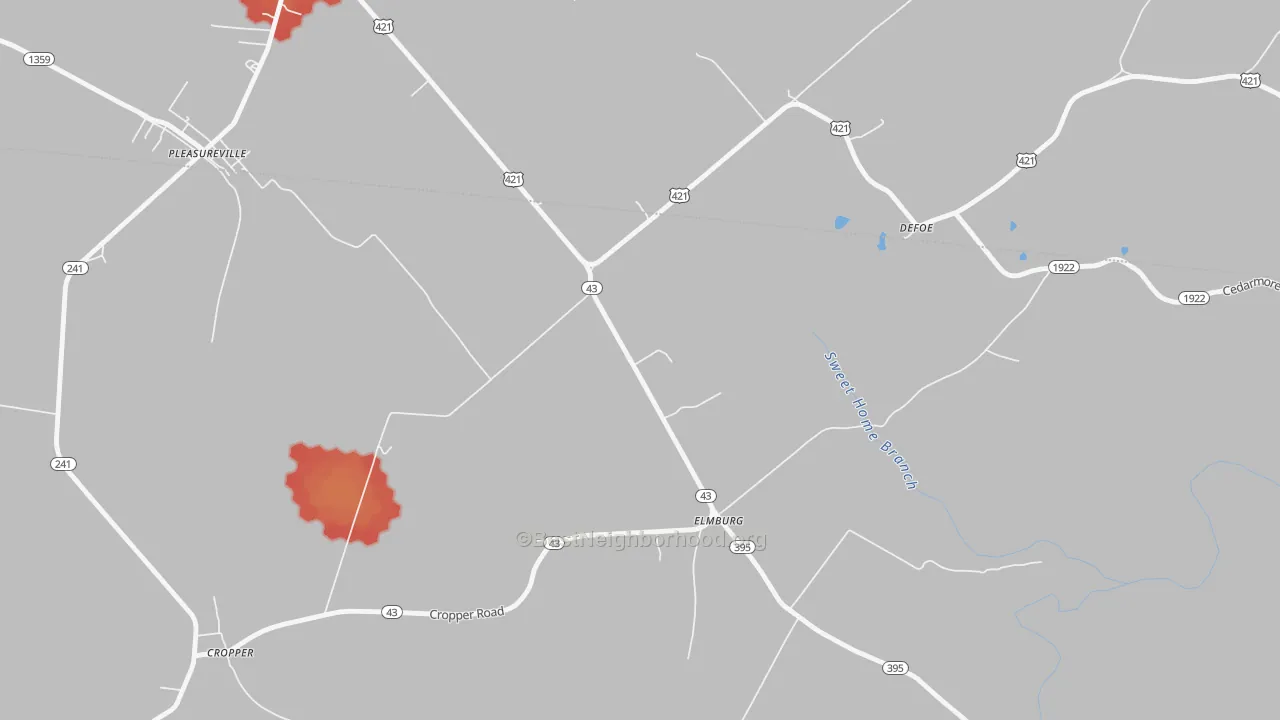 Walk Grade map of Elmburg, KY, walkable areas in green and car-dependent areas in red