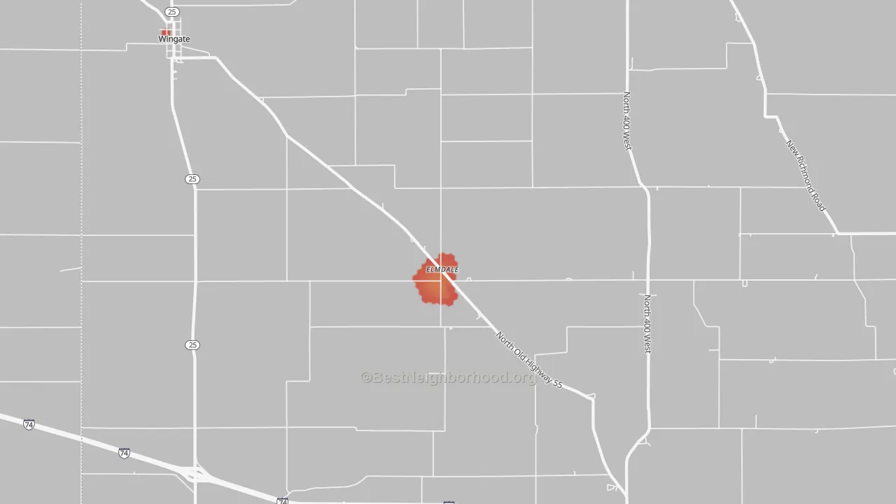 Walk Grade map of Elmdale, IN, walkable areas in green and car-dependent areas in red