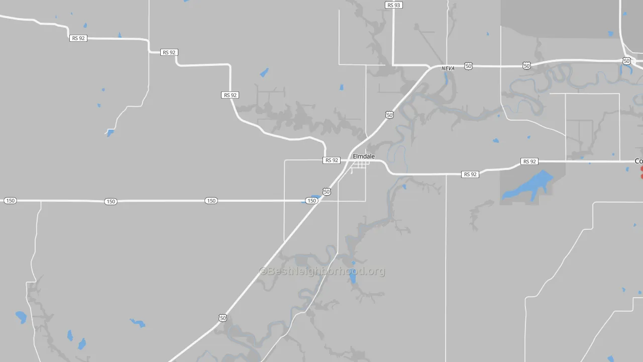 Walk Grade map of Elmdale, KS, walkable areas in green and car-dependent areas in red