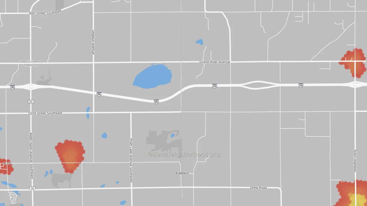 Walk Grade map of Elmdale, MI, walkable areas in green and car-dependent areas in red