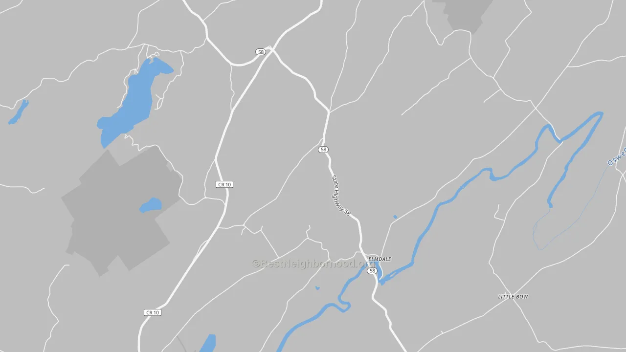Walk Grade map of Elmdale, NY, walkable areas in green and car-dependent areas in red