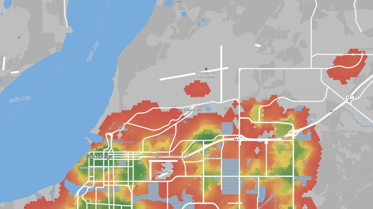 Walk Grade map of Elmendorf Afb, AK, walkable areas in green and car-dependent areas in red