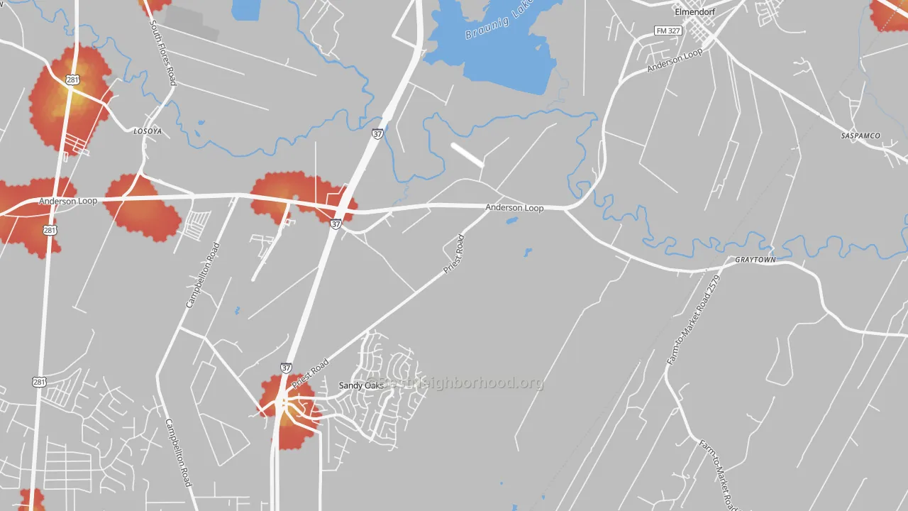 Walk Grade map of Elmendorf, TX, walkable areas in green and car-dependent areas in red