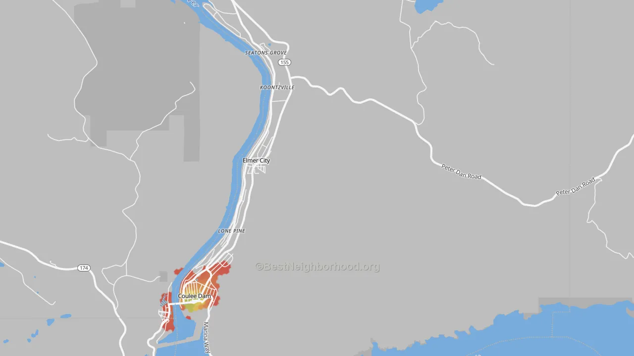 Walk Grade map of Elmer City, WA, walkable areas in green and car-dependent areas in red