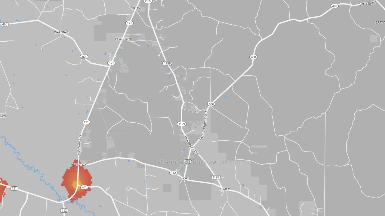 Walk Grade map of Elmer, LA, walkable areas in green and car-dependent areas in red