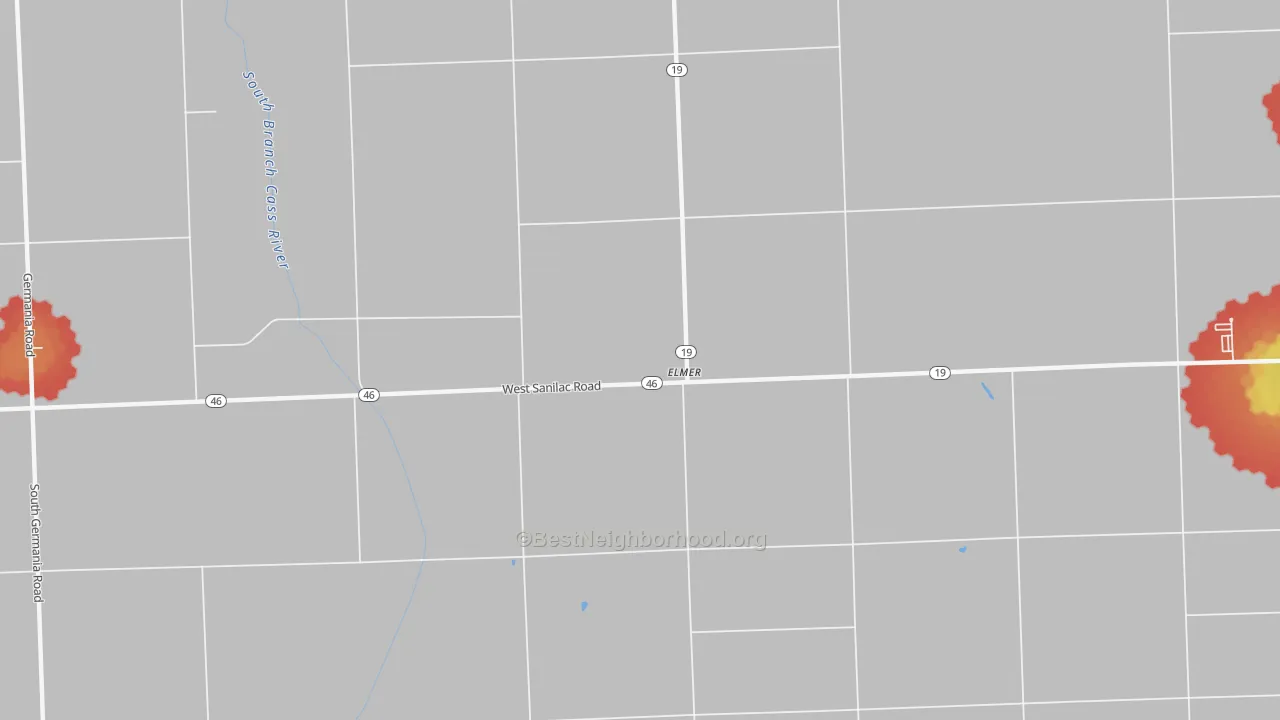 Walk Grade map of Elmer, MI, walkable areas in green and car-dependent areas in red