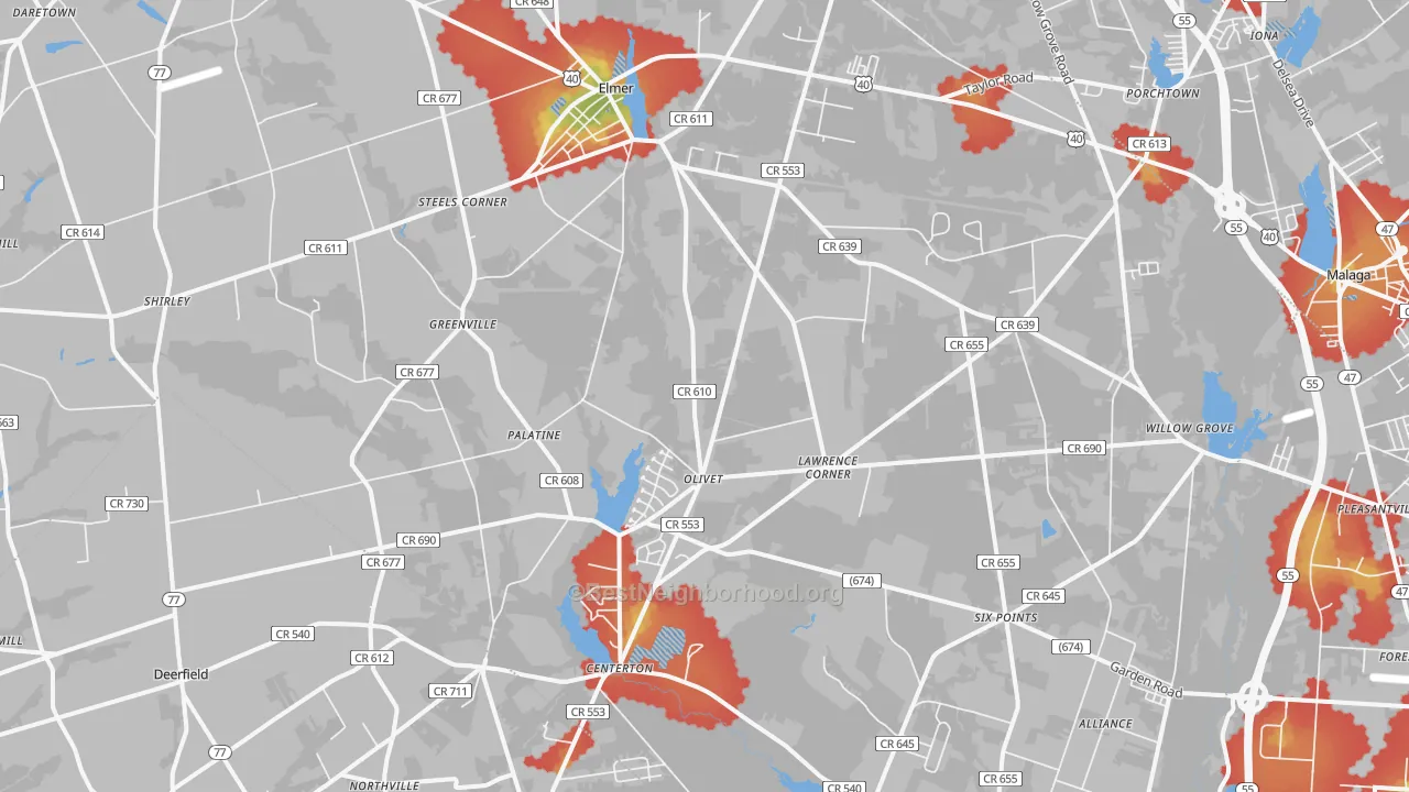 Walk Grade map of Elmer, NJ, walkable areas in green and car-dependent areas in red