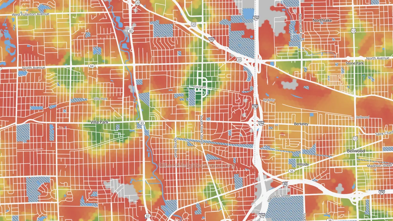 Walk Grade map of Elmhurst, IL, walkable areas in green and car-dependent areas in red