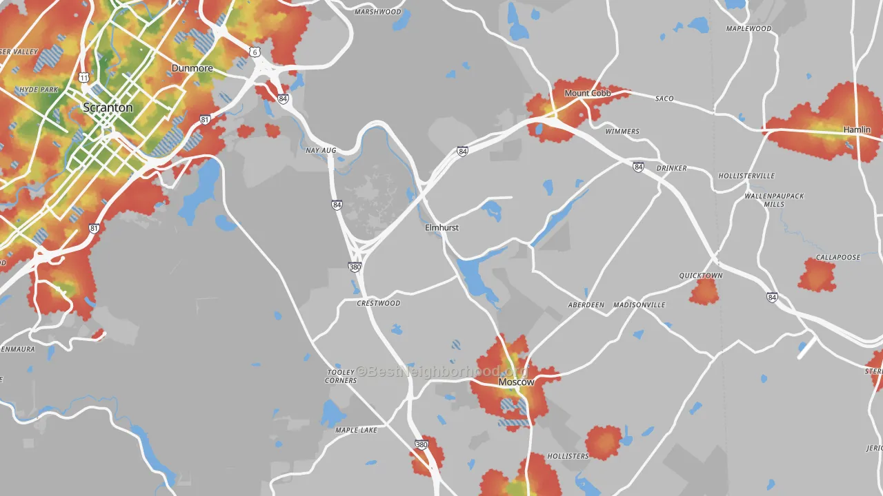 Walk Grade map of Elmhurst, PA, walkable areas in green and car-dependent areas in red