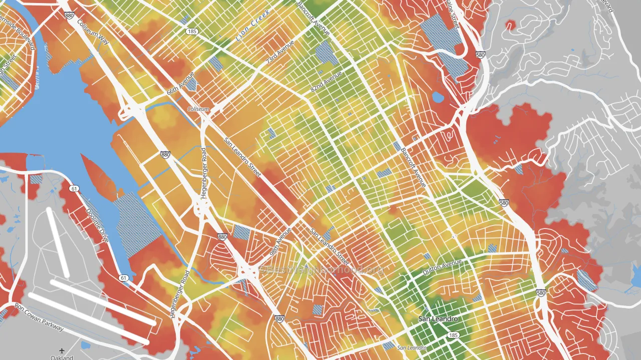 Walk Grade map of Elmhurst Park, Oakland, CA, walkable areas in green and car-dependent areas in red