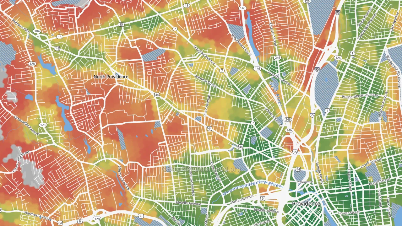 Walk Grade map of Elmhurst, Providence, RI, walkable areas in green and car-dependent areas in red
