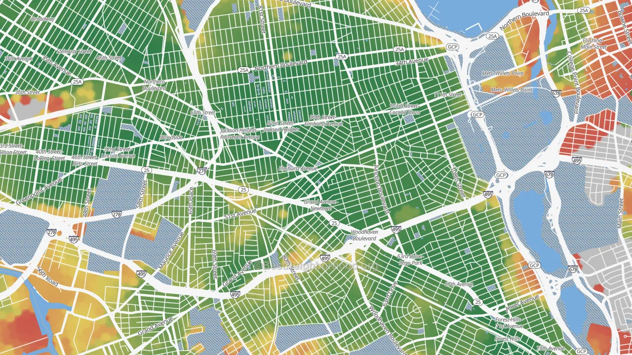 Walk Grade map of Elmhurst, Queens, NY, walkable areas in green and car-dependent areas in red