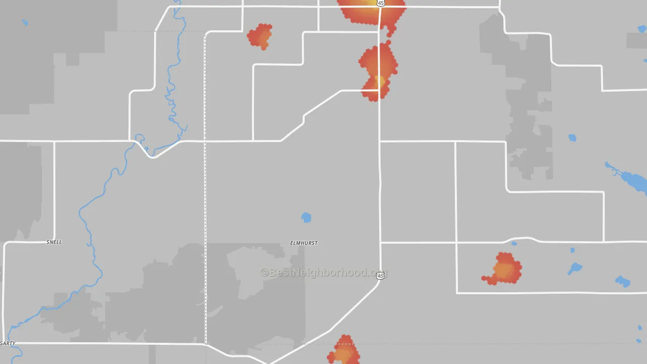 Walk Grade map of Elmhurst, WI, walkable areas in green and car-dependent areas in red