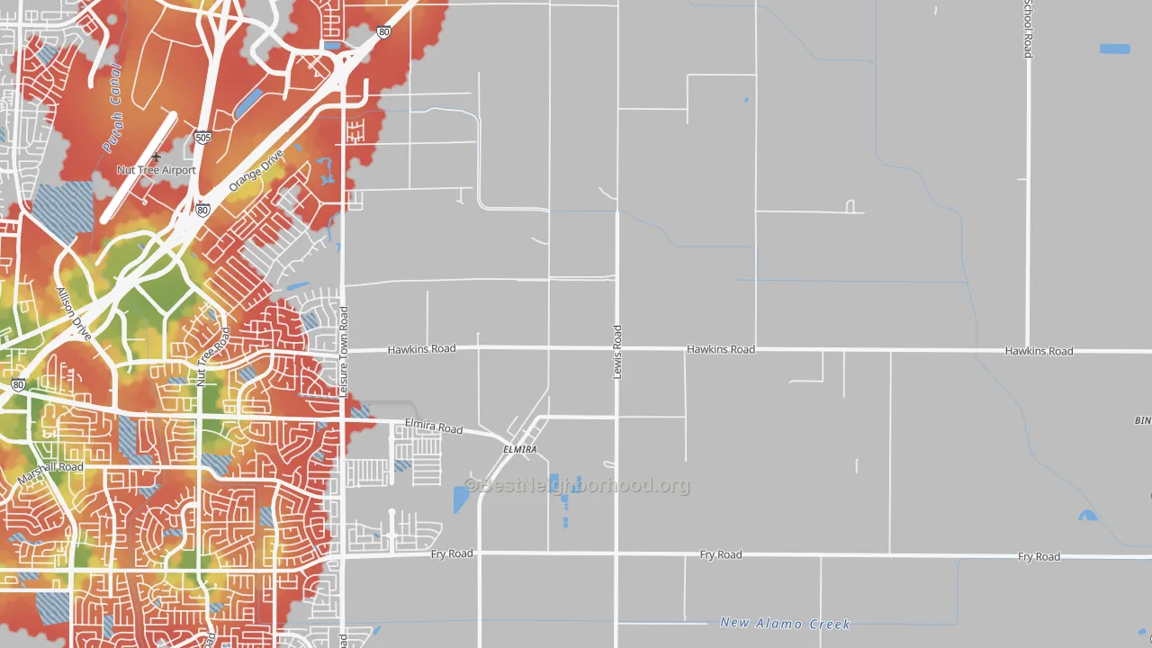 Walk Grade map of Elmira, CA, walkable areas in green and car-dependent areas in red
