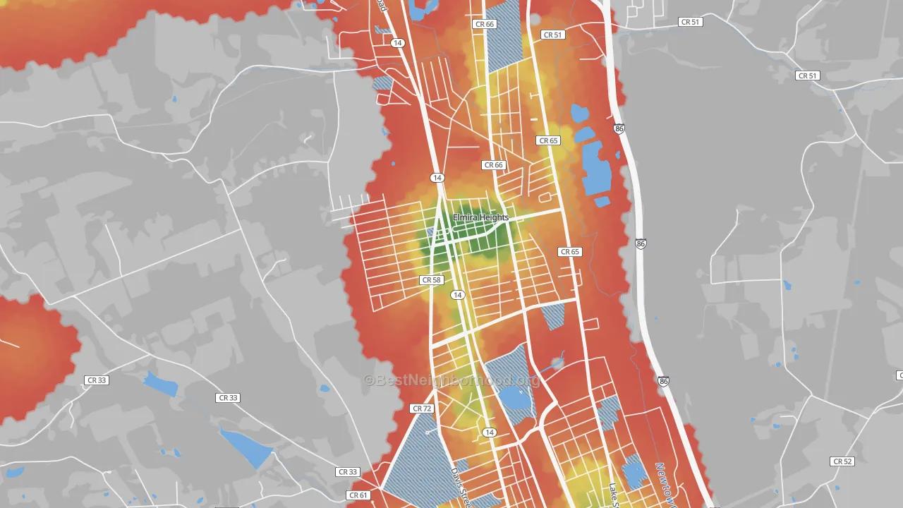 Walk Grade map of Elmira Heights, NY, walkable areas in green and car-dependent areas in red