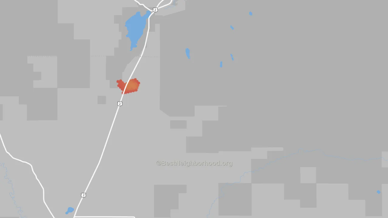 Walk Grade map of Elmira, ID, walkable areas in green and car-dependent areas in red